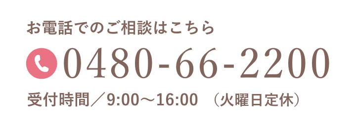 お電話でのご相談はこちら 0480-66-2200 受付時間 9:00〜16:00（火曜日定休）