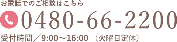 お電話でのご相談はこちら 0480-66-2200 受付時間 9:00〜16:00 火曜日定休